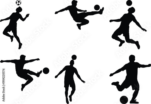 Set of soccer player silhouettes, mid-air kicks and headers.