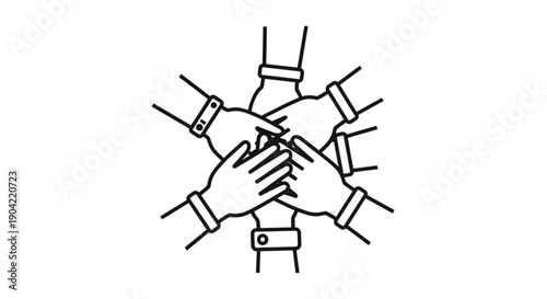 A group of people putting their hands together in a circle, symbolizing unity and teamwork, from a top-down view, illustration.