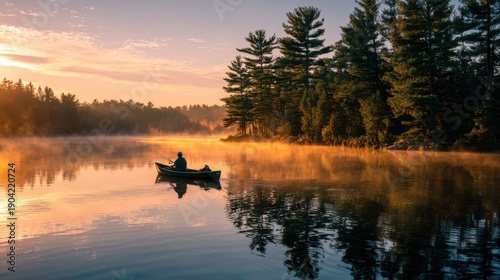 Early morning fishing scene on a calm lake with warm light and soft reflections