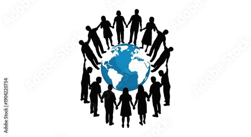 Diverse group of people standing together around the globe illustration