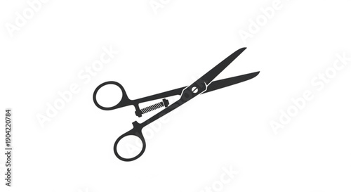 A pair of black scissors with sharp blades and circular handles, viewed directly from the front on a white background