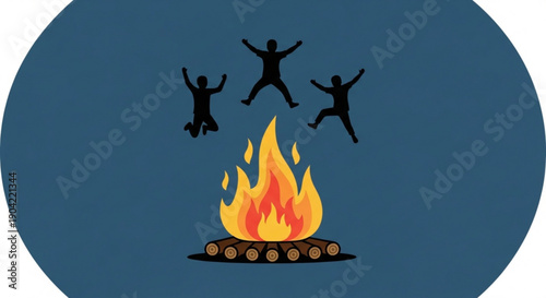 Campfire with jumping people silhouettes symbolizing joy and outdoor adventure vector illustration for summer or camping themes