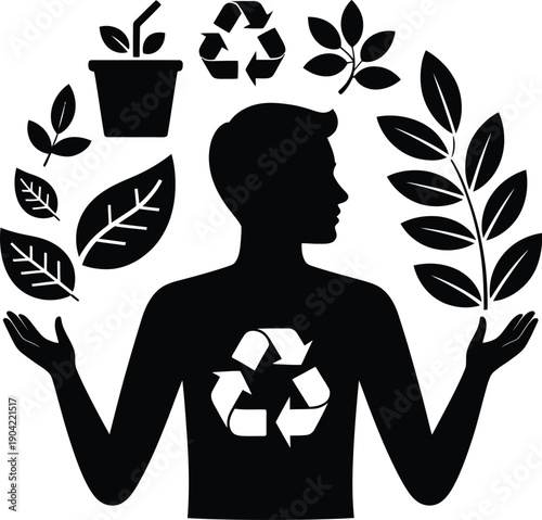 Black silhouette representing eco friendly lifestyle with leaves, recycling and nature symbols
