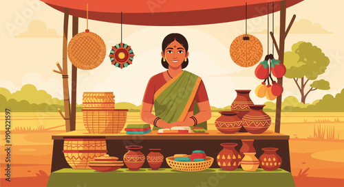 Woman selling traditional handicrafts at an outdoor market stall.