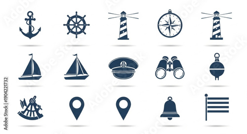 Nautical Icons Collection Featuring Anchor Ship Wheel Lighthouse Compass Binoculars.