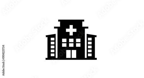Simplified hospital building illustration with cross symbol on the front facade