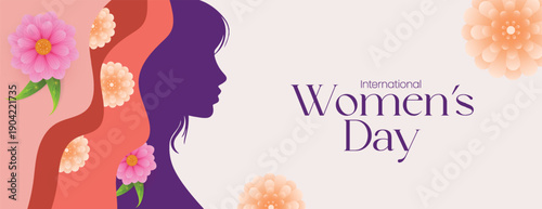 8 March International Women’s Day Website Header Banner Template Floral Vector Background with Women Silhouette Illustration for Social Media Advertising Design Marketing Campaign