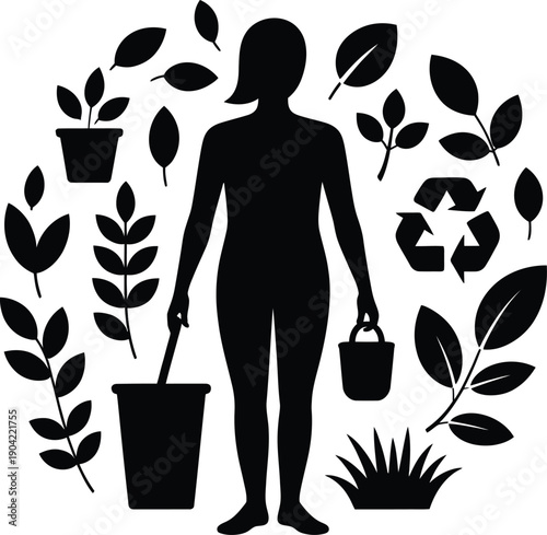 Black silhouette representing eco friendly lifestyle with leaves, recycling and nature symbols