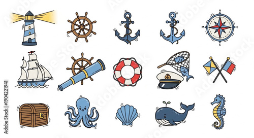 Nautical Icons Collection Featuring Ships Anchors and Marine Life.