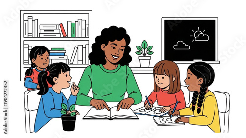 High-quality black outline colorful art of a woman mentoring younger girls in a classroom, education and women empowerment