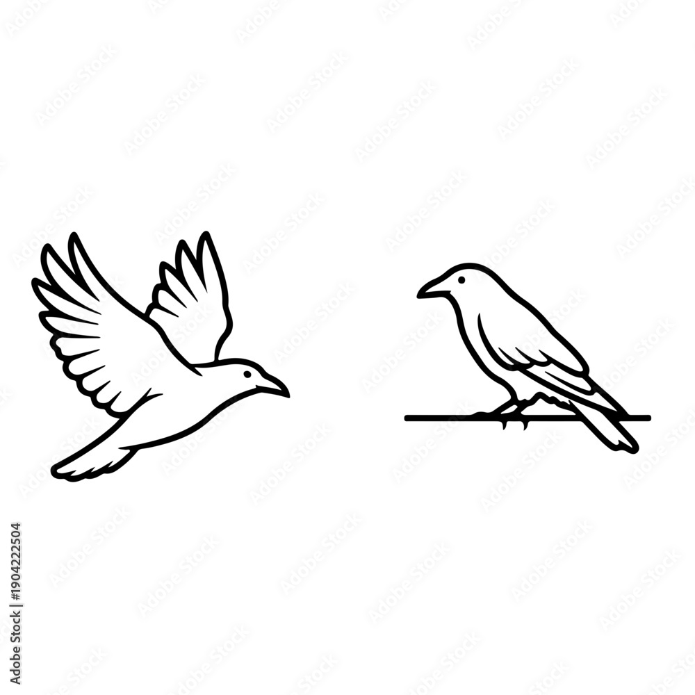 Obraz premium Birds in Flight and Perched Outline Vector Icons: Freedom and Stillness Contrast