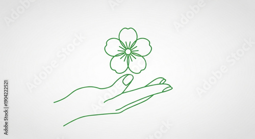 Minimalist line art illustration of a hand holding a delicate flower representing nature growth and care perfect for wellness and eco-friendly concepts