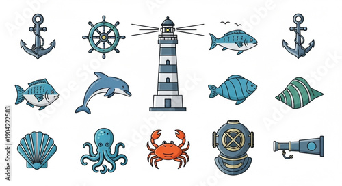Nautical Icons Collection Featuring Marine Life and Maritime Symbols.