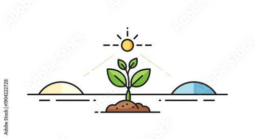 Green sprout growing under the sun representing plant growth and photosynthesis flat vector illustration for ecology and nature concepts
