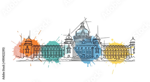 Vibrant Watercolor Splash Illustration of a Grand Architectural Landmark Sketch