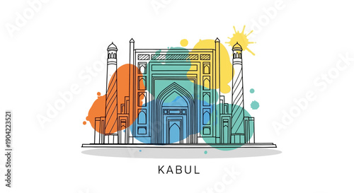 Kabul city landmark illustration on white background with colorful splashes