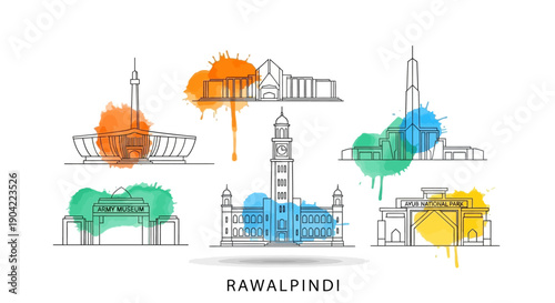 Rawalpindi Architectural Landmarks with Vibrant Watercolor Splashes Line Art Collection