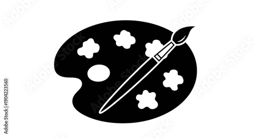 Artistic depiction of a painter's palette with brushes and abstract clouds