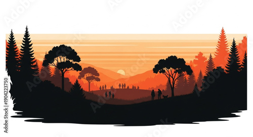 A beautiful sunset over the mountains and forest landscape with trees and hills.