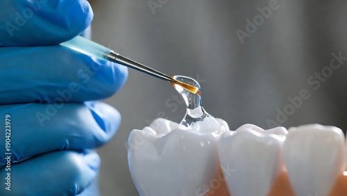 Gloved hand applying fluoride varnish to tooth model, macro