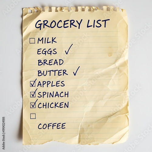 A crumpled paper with a handwritten grocery list featuring checked items on a white background
