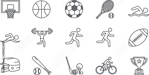 Collection of simple outline icons representing various popular sports equipment and athletic activities for design projects.
