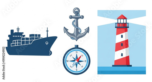 Nautical elements including a cargo ship anchor compass and lighthouse.