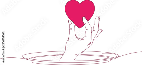 Continuous line art drawing depicts a delicate human hand emerging from a platter offering a vibrant magenta heart symbol.