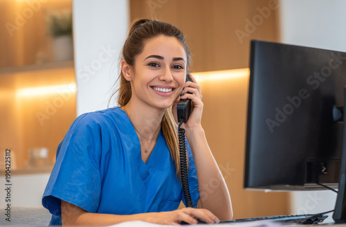 Smiling female healthcare receptionist in blue scrubs sitting at desk with computer, talking on landline phone in medical office environment