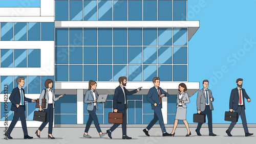 Illustration of a group of diverse professionals outside a modern office building