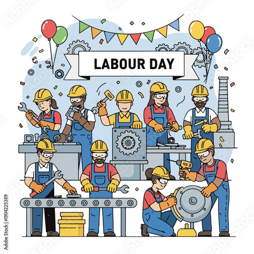 Illustration of a group of diverse workers celebrating Labor Day