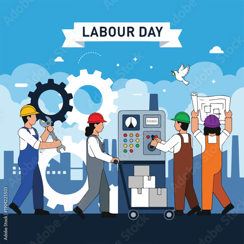 Illustration of a group of workers celebrating Labor Day