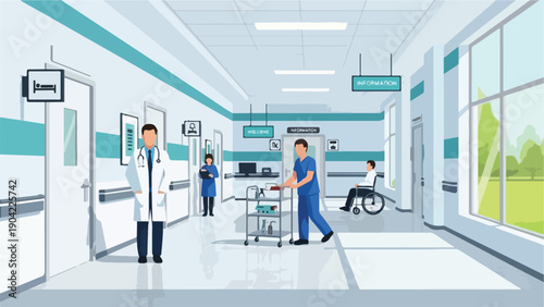 Illustration of a hospital corridor featuring medical staff and patients