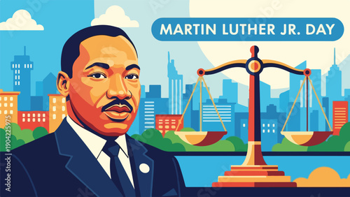 Illustration of a man, scales, and city skyline. Celebratory image