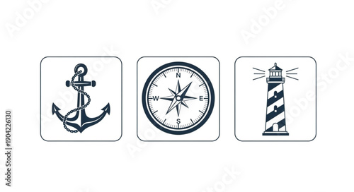 Nautical Icons Anchor Compass Lighthouse Set.
