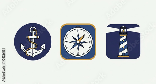 Nautical Icons Anchor Compass Lighthouse Collection.
