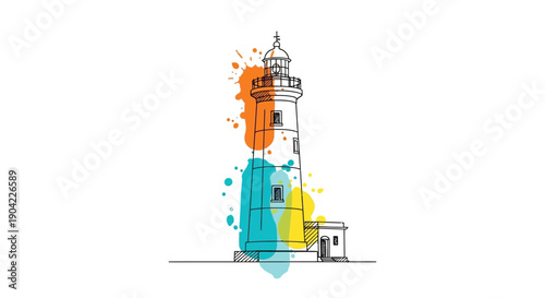 Artistic Illustration of Lighthouse, Coastal Scene, Color Splash, Digital Art