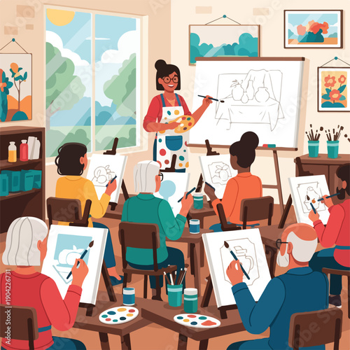 Illustration of a painting class with a teacher and students