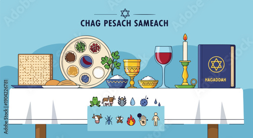 Illustration of a Passover Seder table setting with traditional items