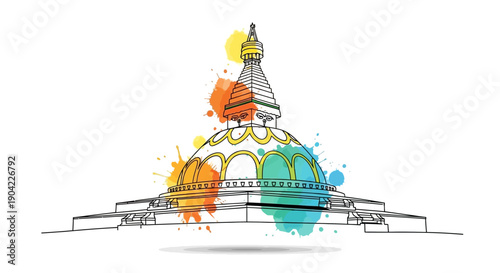 Artistic Illustration, Stupa, Nepal, Digital Art, Colorful Environment, Isometric View, Cultural Concept
