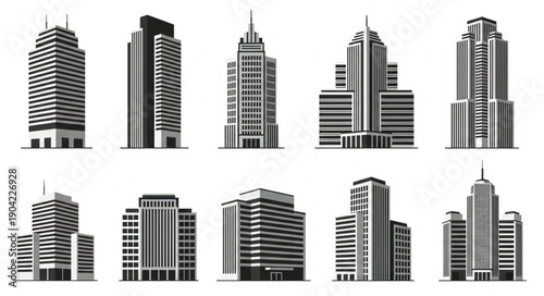 Modern City Skyscrapers and Office Buildings Vector Illustration.