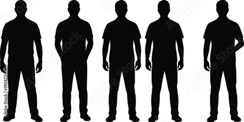 Group of male silhouette figures standing isolated on white background representing anonymous people profile front view body shape concept