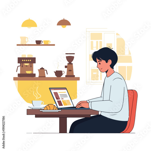 Illustration of a person working on a laptop at a cafe, near coffee machines