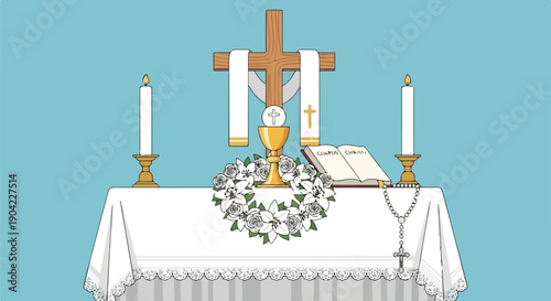 Illustration of a religious altar with cross, chalice, flowers, and candles