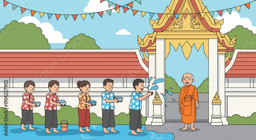 Illustration of a religious celebration with people splashing water on a monk