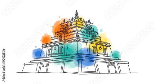 Artistic Illustration, Temple Architecture, Vibrant Colors, Graphic Design, Creative, Contemporary Viewpoint, Architectural Concept