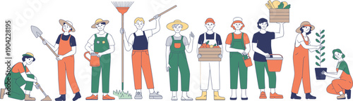 Gardeners and farmers characters set, agriculture workers holding tools and plants isolated on white background illustration