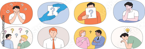 People confused and asking questions set, problem solving and thinking concept illustration isolated on white background