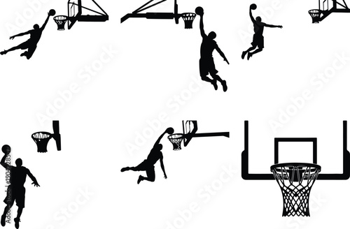 Basketball player silhouette set, dunking and jumping
