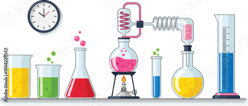 Chemistry Laboratory Experiment Set Featuring Distillation Apparatus Glass Flasks With Colorful Solutions Bunsen Burner And Scientific Equipment Isolated On White Background For Science Education 